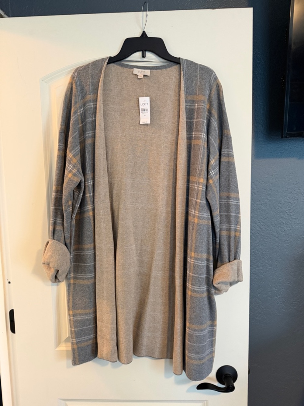 LOFT Gray and Camel Plaid Open Front Cardigan